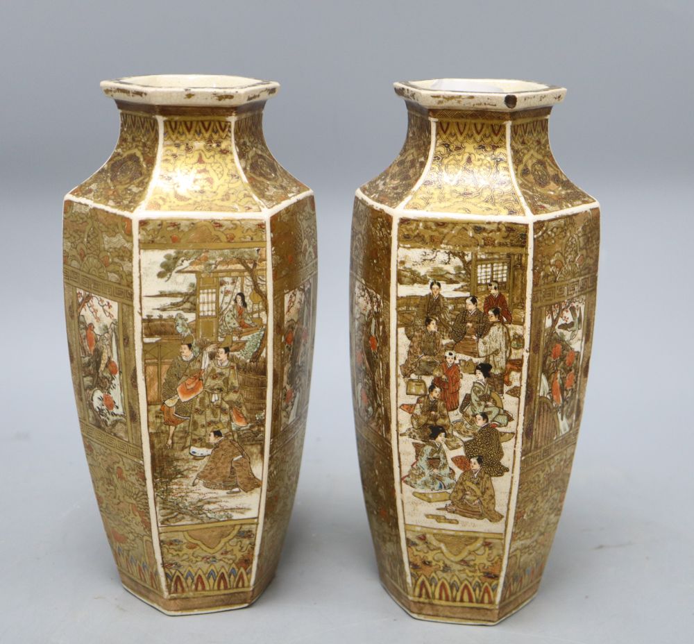 A pair of Japanese Satsuma hexagonal vases, height 24cm